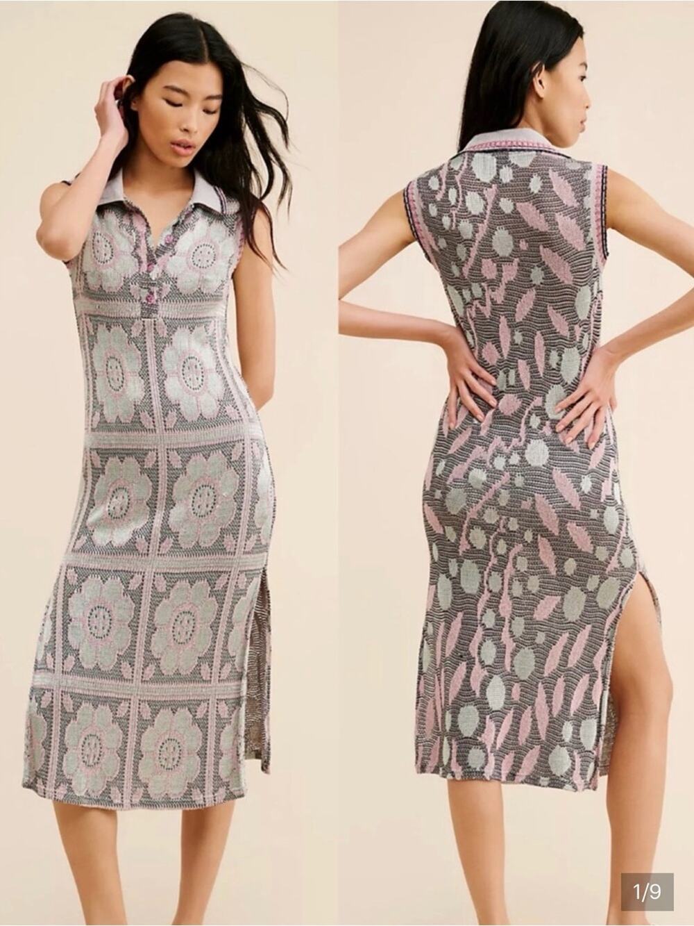 Anna Sui Opalescent floral pattern knit sleeveless midi polo tank dress sz XL